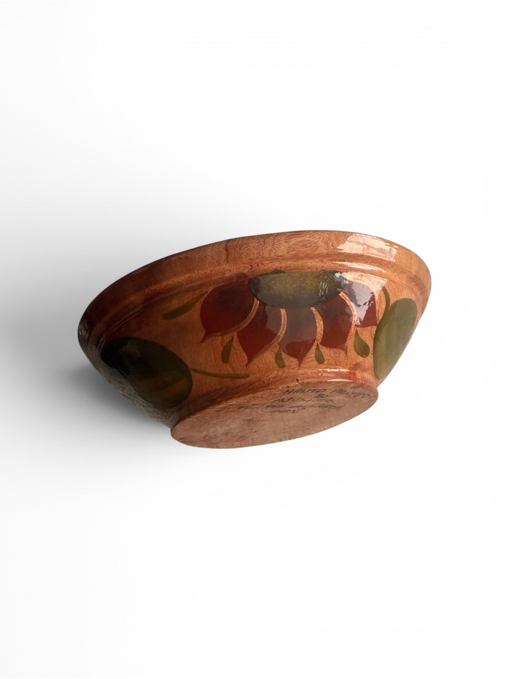 Mexican Hand-Painted Glazed Wood Decorative Bowl Signed Warm Brown Olive Floral